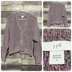 J Jill Cardigan Sweater Women’s S Pink Green Button Front Open Knit